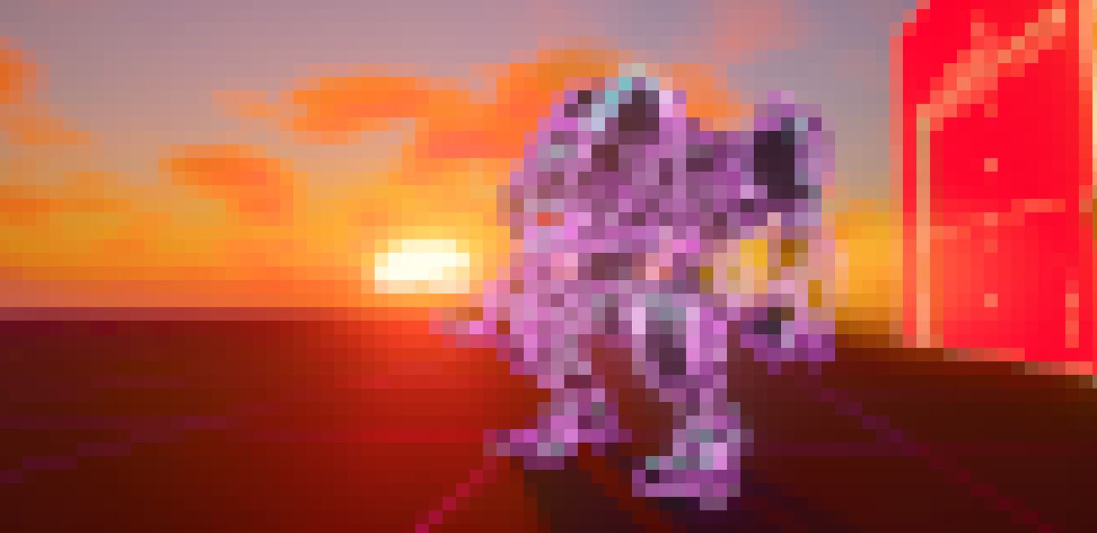 Core Reset gameplay — a salvaged mech faces a glowing monolith at sundown
